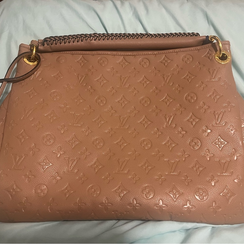 Monogram Embossed Leather Shoulder Bag in Caramel Tan